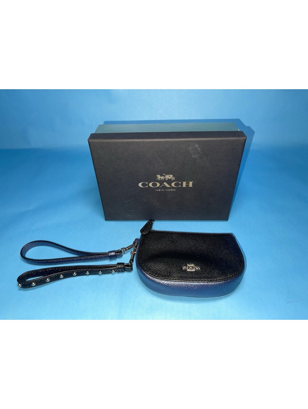 Coach F22715 Two Strap Wristlet Pouch Wallet Clutch Black Blue Zipper Case